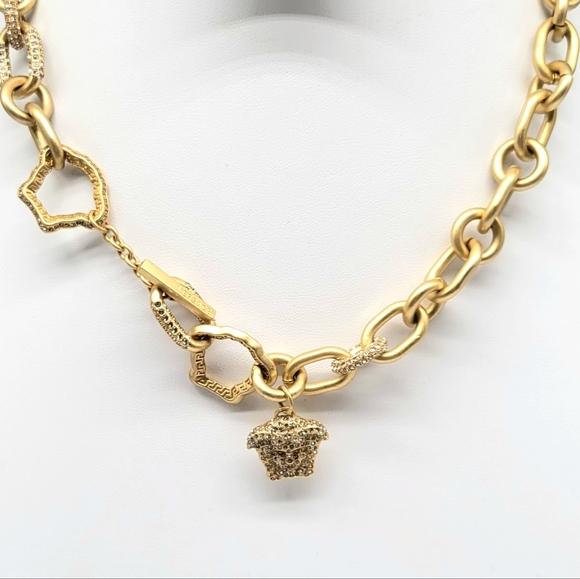 Versace Diamond Swarovski Crystal Medusa Head Rolo Link Statement Necklace - Picture 5 of 11